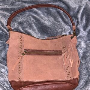 The Sak Brown Leather rose pink Suede Slouchy Shoulder Strap tote bag purse .
